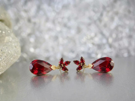 Red Ruby Crystal Teardrop Earrings – Dangle Leaf Earrings