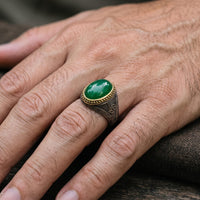 Bold Green Agate Signet Ring for Men in Sterling Silver and Brass