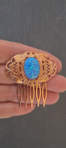 BLUE OPAL HAIR Comb,Bridal Hair Lace Comb, Rose Gold Hair Comb, Blue Filigree Accessories ,Turquoise Wedding Hair Piece,Vintage Hair Comb