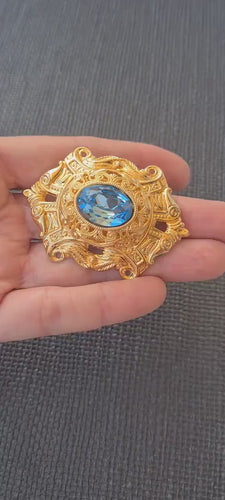 AQUAMARINE BROOCH, Filigree Dresses Brooch, Ethnic Brooch,Lace Brooch, Gold Blue Large Brooch, Antique Style Brooch,Grandmother Vintage Gift