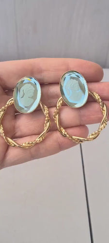 CAMEO EARRINGS, Blue Cameo Earrings,Gold Hoop Stud Earrings, Romantic Earrings, Vintage Cameo Earrings, Hoop Cameo Earrings, Gift For Her