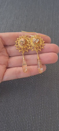 Blush and Champagne Earrings, Champagne Flower Earrings, Morganite Crystal Earrings, Gold Dangle Earrings, Long Lightweight Bridal Earrings