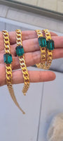 Hoop Gold Chain Earrings, Wedding Dark Green Large Hoops Earrings, Chunky Emerald Bracelet Necklace Earrings Set, Brides Emerald Jewelry Set