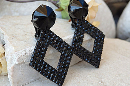 Black Clip On Earrings. Geometric Rebeka Clip Earrings. Non Pierced Earrings. Designer Earrings. Winter Jewelry. Square Jet Pin Earrings