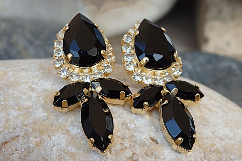 Black Earrings, store Black Gray Gold Cluster Earrings, Bridal Black Gray Crystal Cluster Earrings, Black Gold Crystal Earrings, Gift For Her