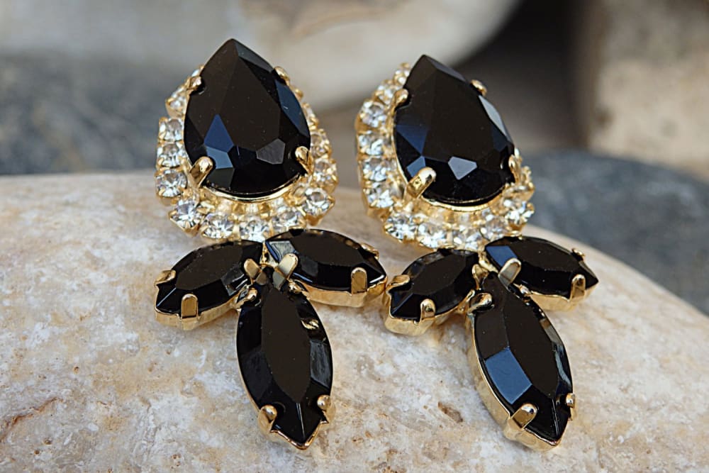 Black Cluster Earrings For Evening Earrings. Black Elegant Earrings. Black Rebeka Earrings. Black Crystal Earrings. Black Post Earrings