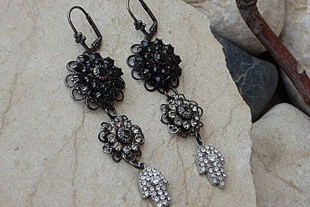 Black Crystal Earrings With Clear Crystal Hamsa Dangle Earrings. Crystal Hand Of Luck Earrings. Hamsa Earrings. Good Luck Protection Hand