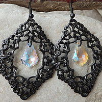 Black Dangle Earrings. Ab Rebeka Teardrop Earrings. Clear And Black Jewelry Gift. Filgree Enamel Earrings. Boho Crystal Earrings. For Her