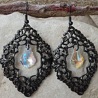 Black Dangle Earrings. Ab Rebeka Teardrop Earrings. Clear And Black Jewelry Gift. Filgree Enamel Earrings. Boho Crystal Earrings. For Her