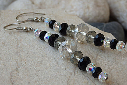 Black Evening Earrings. Beaded Earrings. Rebeka Beads Jewelry. Statement Long Earrings. Black Clear Grey Earrings. Long Womens Earrings