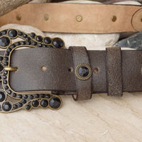 Black Or Brown Leather Belt. Buckle Black Studs Belt. Leather Belt Women. Boho Belt. Bohemain Waist Belt. Big Buckle Belt. 1970S Style Belt