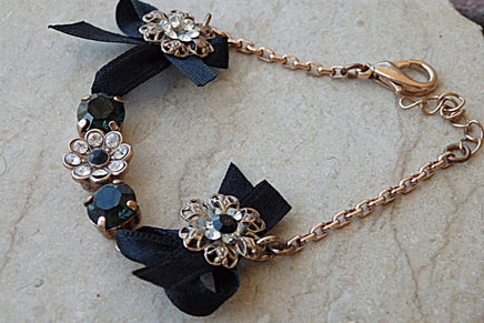 Black Satin Bracelet. Black Rebeka Bracelet. Bow Bracelet. Rose Gold Plated Bracelet. Black Satin Bow Bracelet. Black Satin Jewelry Gift