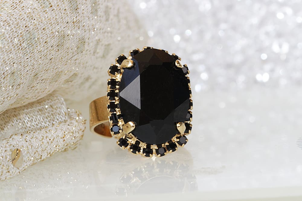 Black Ring With Stone Black Stone With Diamond Delicate Design