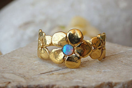 Blossom Ring. Blue Gemstone Ring. Dainty Gold Ring. Opal Flower Ring. Blue Opal Jewelry. Bridal Ring. Opal Art Deco Ring. Anniversary Gift