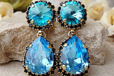 Blue Black Earrings. Rebeka Earrings. Austrian Crystal. Evening Earrings. Teal Earrings. Rebeka Bridal Chandelier. Bridesmaid Earrings