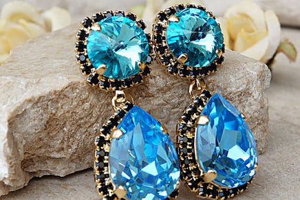 Blue Black Earrings. Rebeka Earrings. Austrian Crystal. Evening Earrings. Teal Earrings. Rebeka Bridal Chandelier. Bridesmaid Earrings