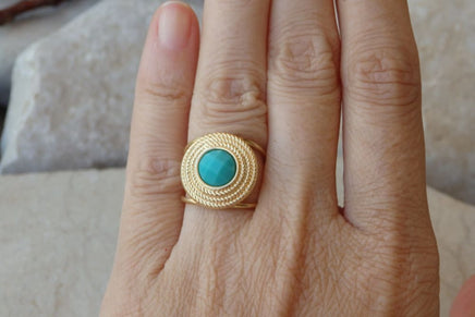 Blue Crystal Ring. Turquoise Gold Filled Ring. Bridal Unique Ring. Circular Earrings. Bridesmaid Jewelry Gift. Big Statement Solitaire Ring