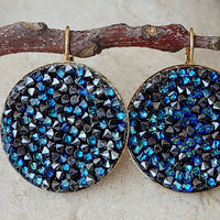 Blue Crystal Rock Earrings. Leverback Drop Earrings. Dark Blue Rebeka Cluster Earrings. Rhinestone Circle Earrings. Wife Jewelry. For Her