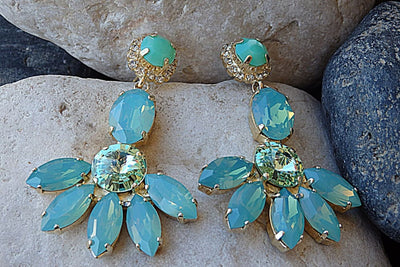 Blue Opal Crystal Rebeka Earrings. Fan Big Stud Earrings.large Stud Earrings. Unique Light Blue Opal Mint Green Crystal Cluster Earrings.