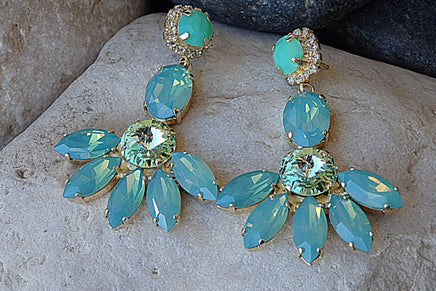 Blue Opal Crystal Rebeka Earrings. Fan Big Stud Earrings.large Stud Earrings. Unique Light Blue Opal Mint Green Crystal Cluster Earrings.