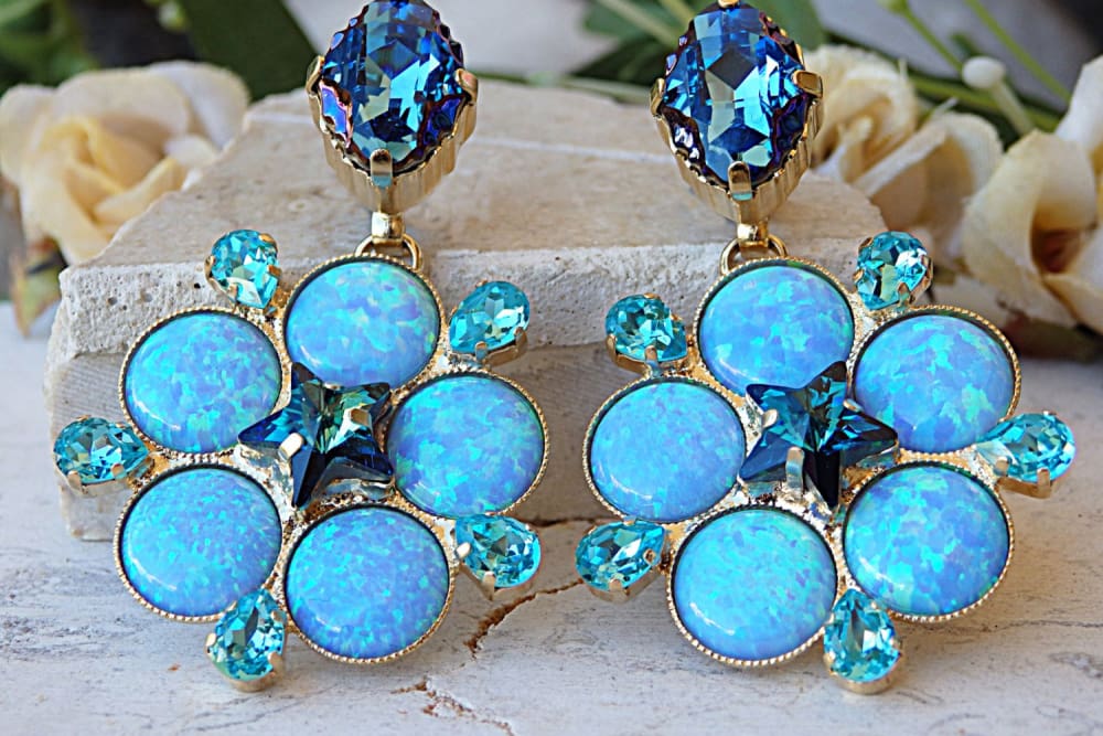 Draped Petrified Wood Blue Opal Earrings in 18k Yellow Gold – Amáli Jewelry