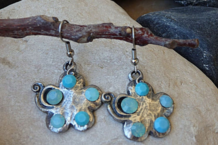 Blue Opal Turquoise Rebeka Earrings. Flower Silver Oxide Earrings. Bridesmaid Jewelry Gift. Blue Silver Earrings. Bridal Earrings.