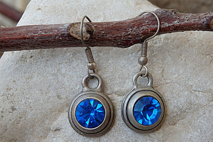 Blue Rhinestone Rebeka Earrings. Halo Blue Gemstone Earrings. Blue Crystal Earrings. Royal Blue Earrings. Oxidized Silver Blue Earrings