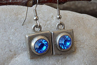 Blue Rhinestone Rebeka Earrings. Halo Blue Gemstone Earrings. Blue Crystal Earrings. Blue Square Earrings. Oxidized Silver Blue Earrings