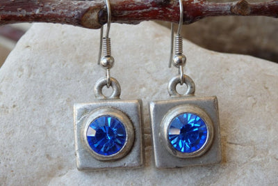 Blue Rhinestone Rebeka Earrings. Halo Blue Gemstone Earrings. Blue Crystal Earrings. Blue Square Earrings. Oxidized Silver Blue Earrings