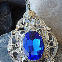 Blue Royal Necklace. Rebeka Necklace. Long Necklace. Filigree Silver Pendant. Blue Sapphire Crystal Necklace. Aqua Blue Pendant Necklace