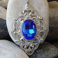 Blue Royal Necklace. Rebeka Necklace. Long Necklace. Filigree Silver Pendant. Blue Sapphire Crystal Necklace. Aqua Blue Pendant Necklace