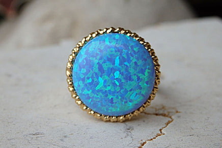 Blue Stone Ring. Blue Opal Ring. Textured Band Ring. Big Stone Ring. Cabochon Ring. Blue Cocktail Ring. Big Large Ring. Signet October Ring