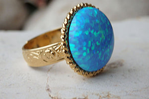 Blue Stone Ring. Blue Opal Ring. Textured Band Ring. Big Stone Ring. Cabochon Ring. Blue Cocktail Ring. Big Large Ring. Signet October Ring