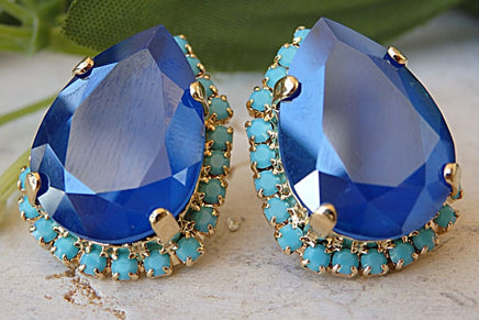 Blue Stud Earrings. Sapphire Wedding Evening Rhinestones Earrings. Blue Turquoise Crystals Earrings. Elegant Jewelry. Peacock Blue Earrings