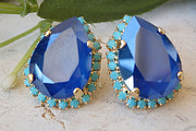 Blue Stud Earrings. Sapphire Wedding Evening Rhinestones Earrings. Blue Turquoise Crystals Earrings. Elegant Jewelry. Peacock Blue Earrings