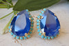 Blue Stud Earrings. Sapphire Wedding Evening Rhinestones Earrings. Blue Turquoise Crystals Earrings. Elegant Jewelry. Peacock Blue Earrings
