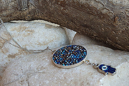 Blue Rebeka Pendant Necklace With Drop Hamsa