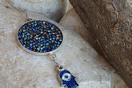 Blue Rebeka Pendant Necklace With Drop Hamsa