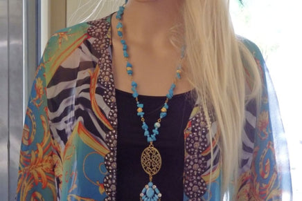 Blue Tassel Long Statement Necklace