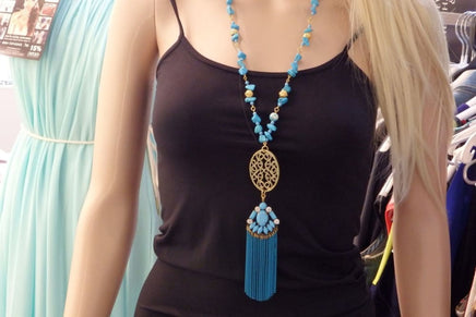 Blue Tassel Long Statement Necklace