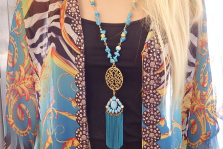 Blue Tassel Long Statement Necklace