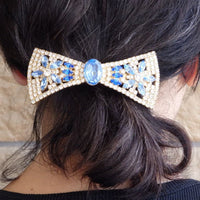 Bow Hair Barrette. Crystal Rhinestone Barrette. Blue Bow Tie Hair Clip. Hair Accessory. Blue Rebeka Hair Clip. Gold Plated Hair Barrette