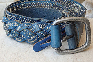 Braided Belt. Blue Leather Belt. Buckle Belt For Men Women. White Stitching Belt. Jeans Belt. Braid Belt. Denim Color Leather Belt For Him