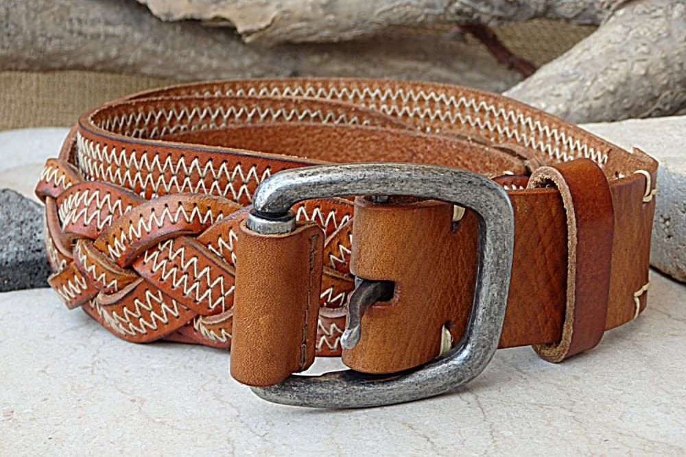 Vintage Men's Brown Leather Braided Belt With Silver 