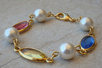 Bridal Colorful Bracelet. Rebeka White Pearl Bracelet. Pink Yellow Blue Bracelet. Beaded Pearl Bridesmaid Crystal Bracelet.wedding Gift