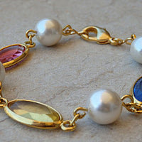 Bridal Colorful Bracelet. Rebeka White Pearl Bracelet. Pink Yellow Blue Bracelet. Beaded Pearl Bridesmaid Crystal Bracelet.wedding Gift