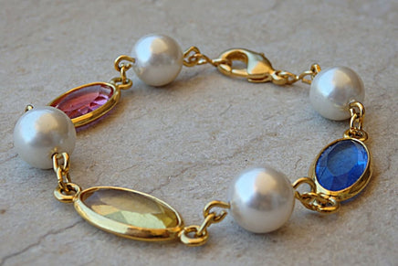 Bridal Colorful Bracelet. Rebeka White Pearl Bracelet. Pink Yellow Blue Bracelet. Beaded Pearl Bridesmaid Crystal Bracelet.wedding Gift