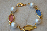 Bridal Colorful Bracelet. Rebeka White Pearl Bracelet. Pink Yellow Blue Bracelet. Beaded Pearl Bridesmaid Crystal Bracelet.wedding Gift