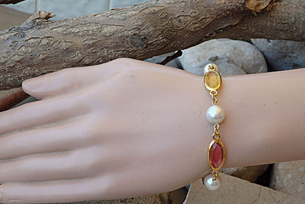 Bridal Colorful Bracelet. Rebeka White Pearl Bracelet. Pink Yellow Blue Bracelet. Beaded Pearl Bridesmaid Crystal Bracelet.wedding Gift