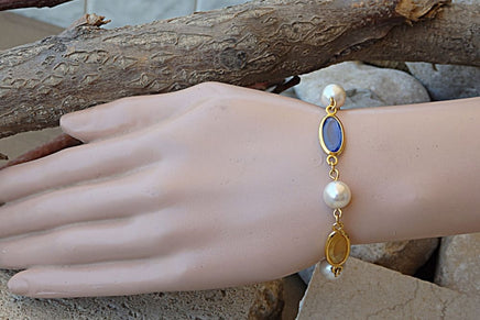 Bridal Colorful Bracelet. Rebeka White Pearl Bracelet. Pink Yellow Blue Bracelet. Beaded Pearl Bridesmaid Crystal Bracelet.wedding Gift